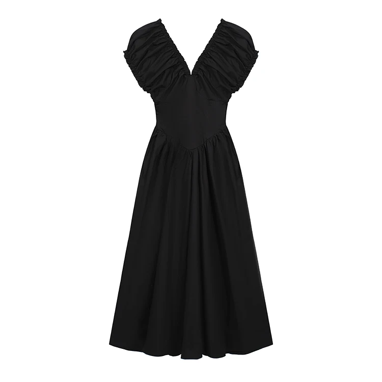 Casual Solid Midi Dresses for Women Korean Chic V-neck Backless High Waist Puff Sleeve A-line Party Dress Summer Vestidos Mujer