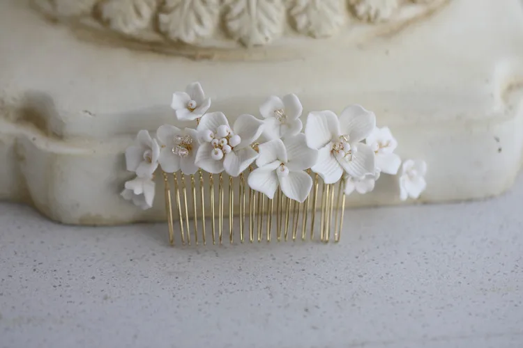 White Porcelain Flower Hair Combs Pins Party Dress Headdress Hairpins Women Headpieces Bride Bridal Jewelry Wedding Accessories 