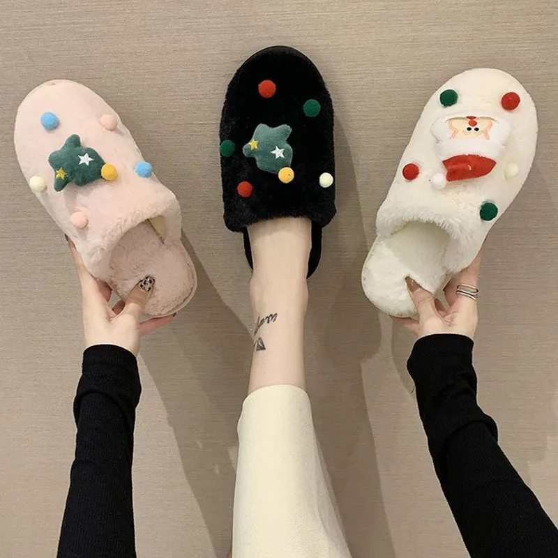 Christmas Cotton Slippers Women Shoes Winter Comfort Slides Plush Thicken Original Ladies Shoes Warm Plush Woman Cotton Slippers