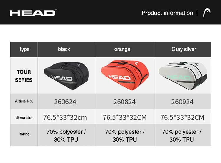 HEAD Tour Black Large Capacity for 4-5 Rackets Shoulder Tennis Sports Racket Bag Court Bag Without Shoes Compartment Tennis