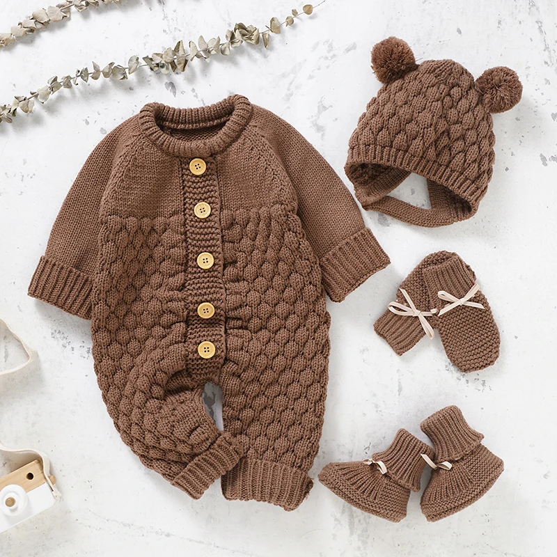 Newborn Baby Romper Shoes Gloves Set Knit Girl Boy Jumpsuit Boot Mitten Solid Toddler Infant Long Sleeve Clothing 4PC Fall 0-18M Baby Bodysuits made from viscose  Baby Rompers