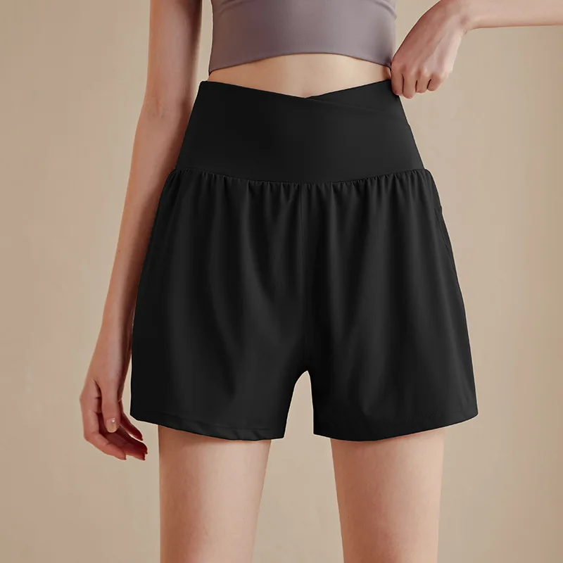 Fake 2-piece Sports Women With Pockets Anti-Shine Quick Dry High Waisted Fitness Yoga Pants Training Running Shorts Gym