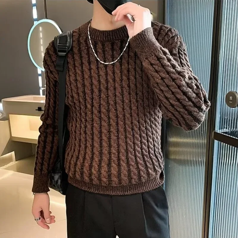 High Quality Striped Jacquard Sweater Men Winter Thicken Warm Round Neck Knit Pullover Casual Business Knitwear Tops Streetwear 5