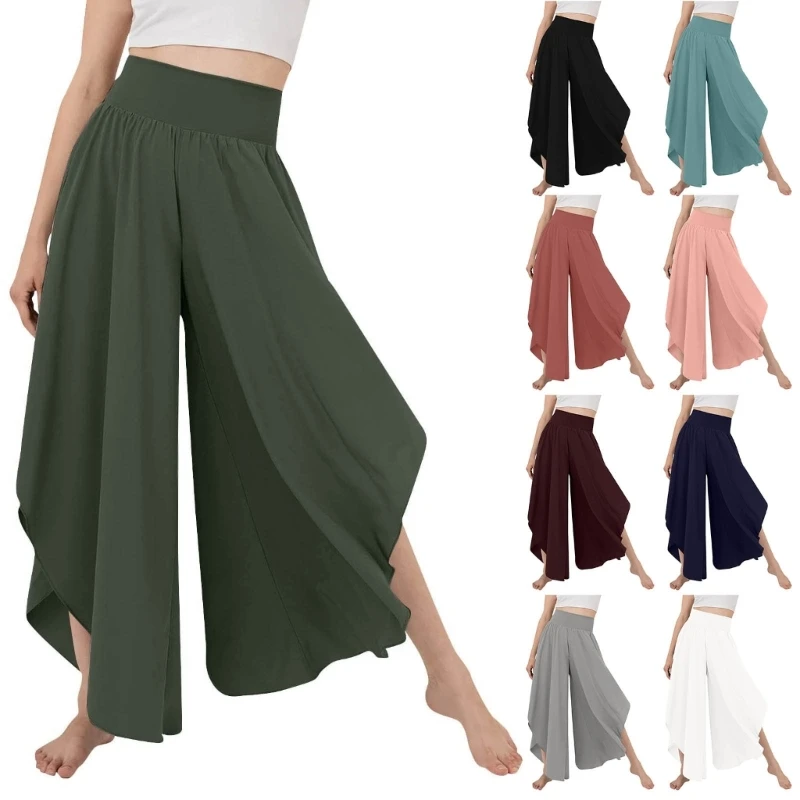 

Women Casual Loose Pants Elastic High Waist Trousers Split Flowy Wide Leg Pants T8NB