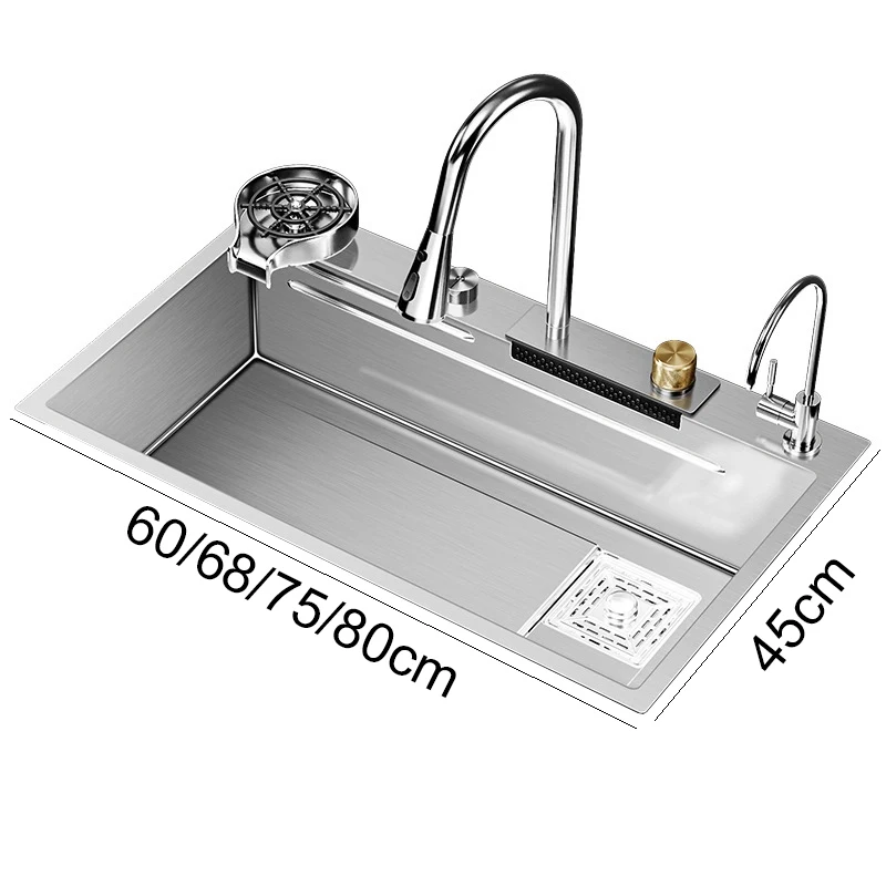 Multifunction Brushed Nano Kitchen Sink Waterfall Faucet Large Single Bowl Cup Washer Pure Tap Soap Dispenser Stainless Steel 6