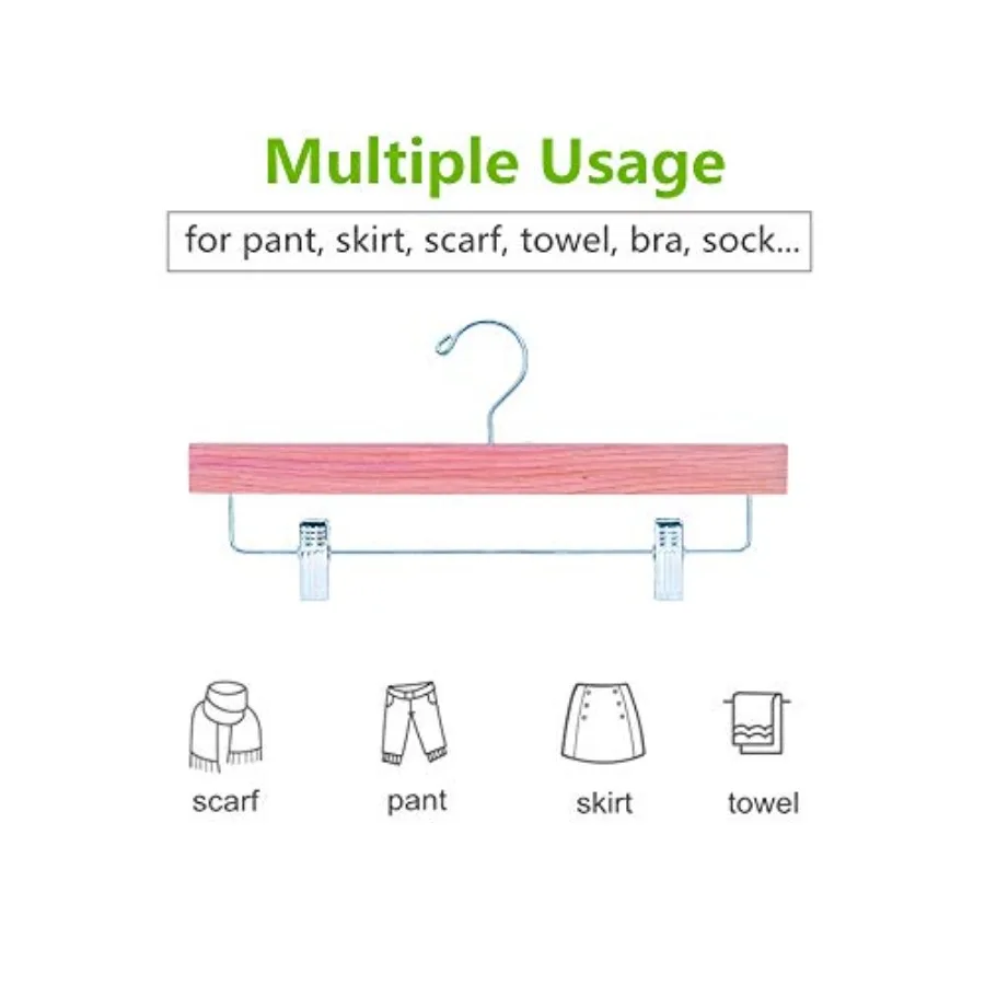 12 Pack Natural American Red Cedar Wooden Pants Hangers with 2Adjustable Clips for Trousers Jeans Shorts and Skirts Durable Bot