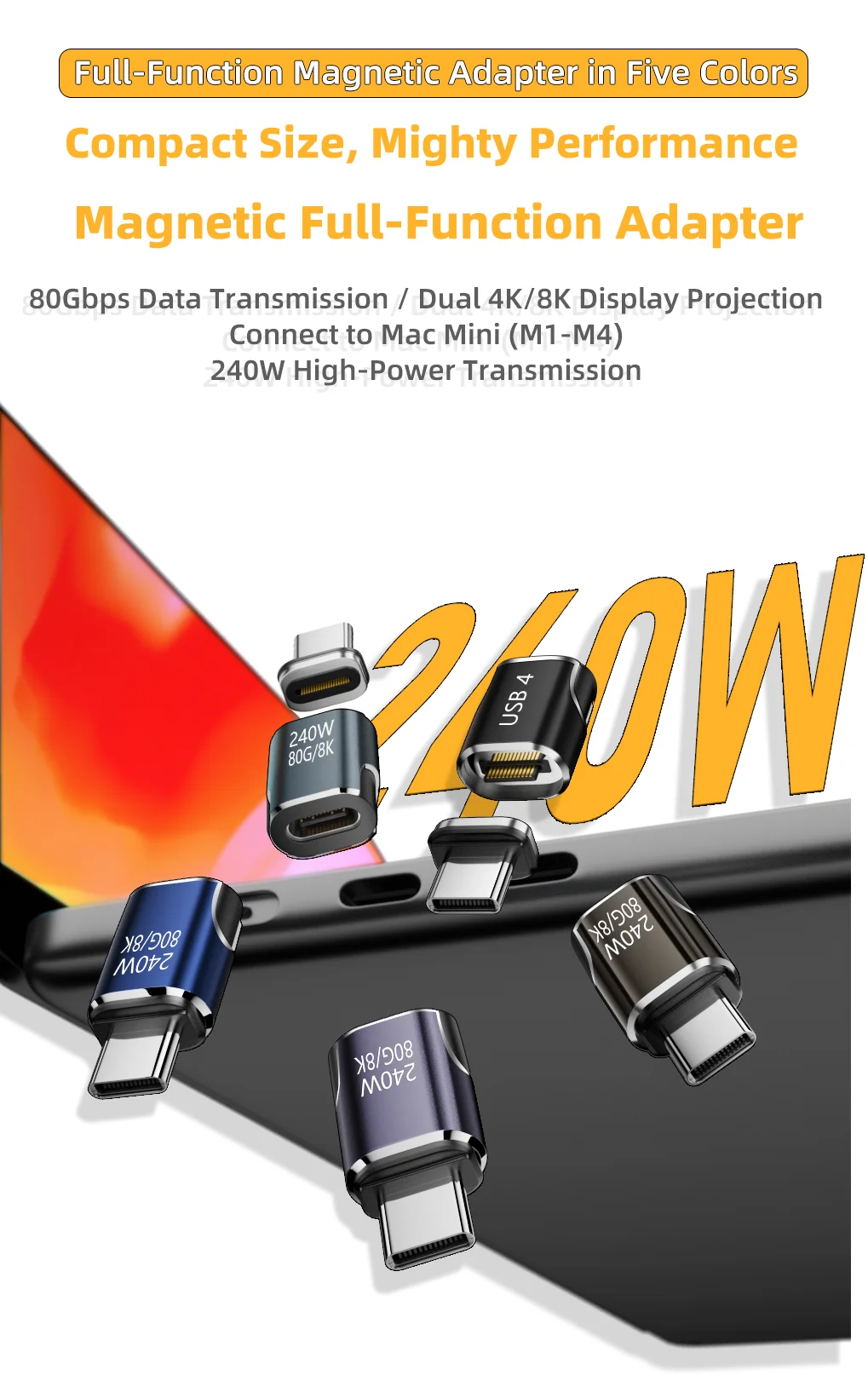 240W Type-C Magnetic Adapter with USB 4, 80Gbps Speed, and 8K@60Hz Fast Charging
