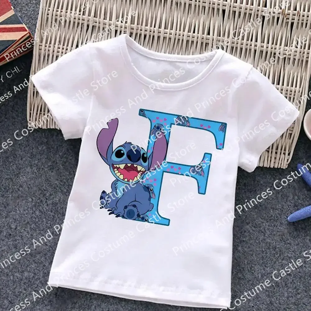 Camiseta de algodón con letras ABCD de Stitch para niños, camisetas combinadas, camisetas de dibujos animados Kawaii, ropa informal para niños y niñas, camisetas Harajuku para niños y niñas