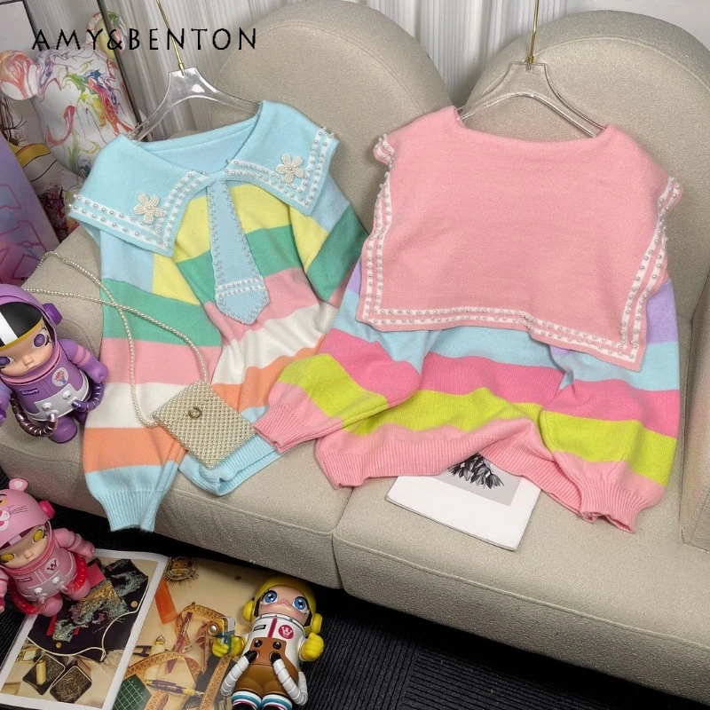 

2023 Autumn Winter New Sweet Knitwear Beaded Tie Mixed Color Stripe Three-Dimensional Decoration Loose Knitted Sweater Pullovers