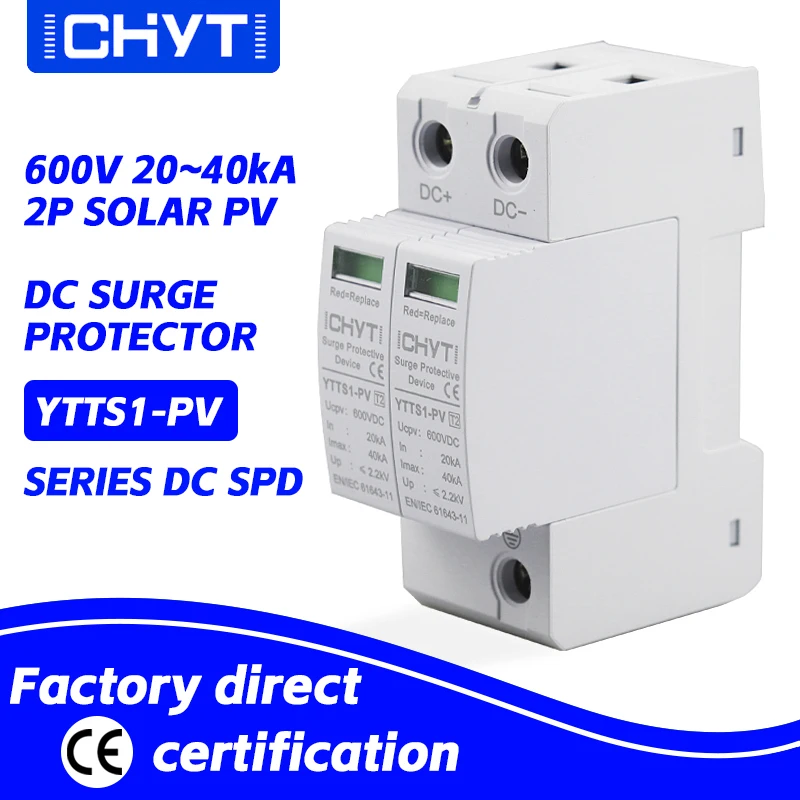 Spedizione Gratuita Chyt Ytts1-Pv 2P Solar Pv Bassa Tensione Din Rail Dc 600V 1000V 20Ka-40Ka Limitatore Di Sovratensione Protezione Contro I Fulmini 