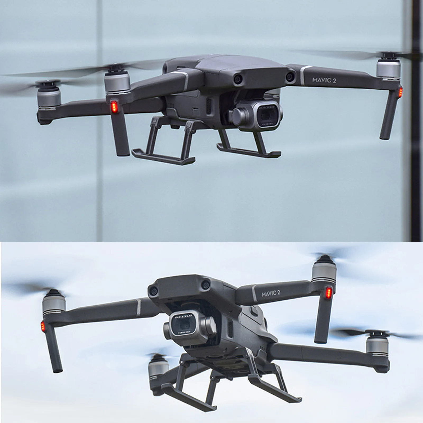 Train d'atterrissage pliable pour DJI Mavic 2 Pro/Zoom fixé sous le drone, avec les pieds en position ouverte pour une meilleure stabilité au sol.