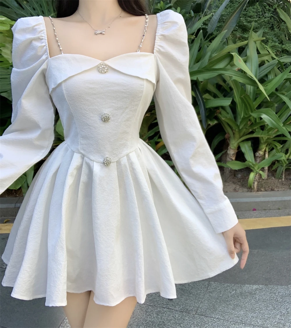 Korean Style Solid Mini Dress Women Long Sleeve Square Collar Spring Fashion High Waist Female Birthday Party Vestidos Mujer