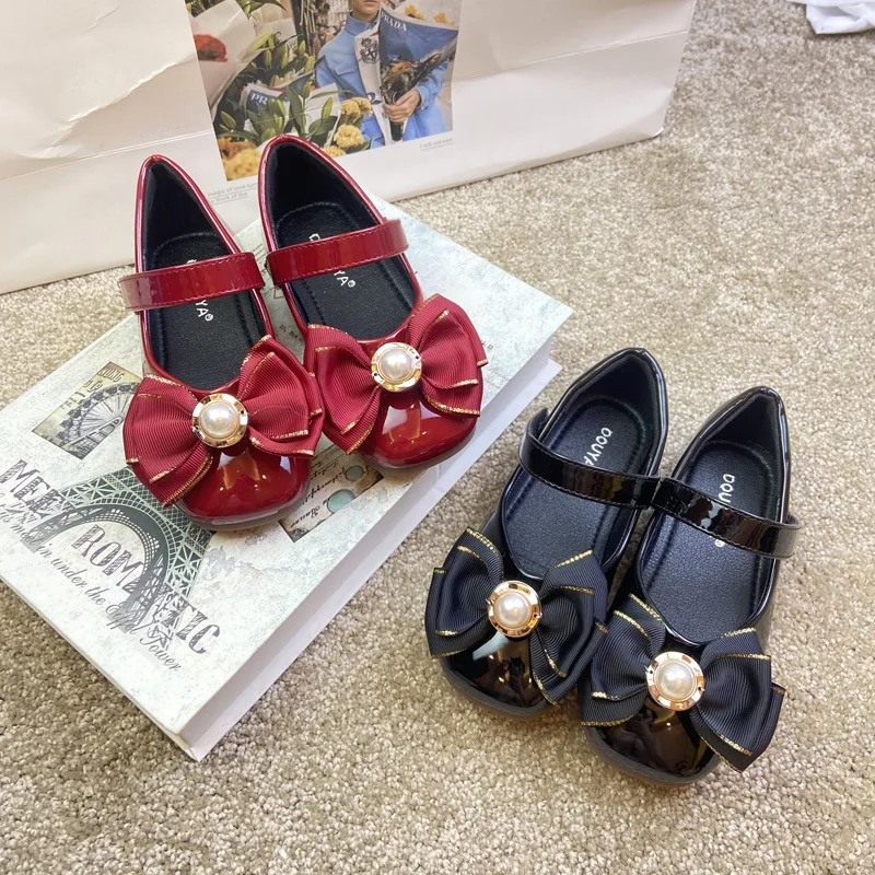 

Girls Leather Shoes Kids Bowtie Solid Black Mary Janes Shoes for Big Children Princess Shallow Dress Single Shoes Causal Flats