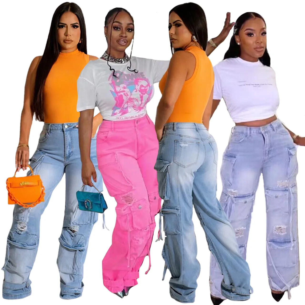 

New Fashionable More Pockets Women Jeans Casual Trousers Vintage Recreational Bag Personality Denim Pants Streetwear