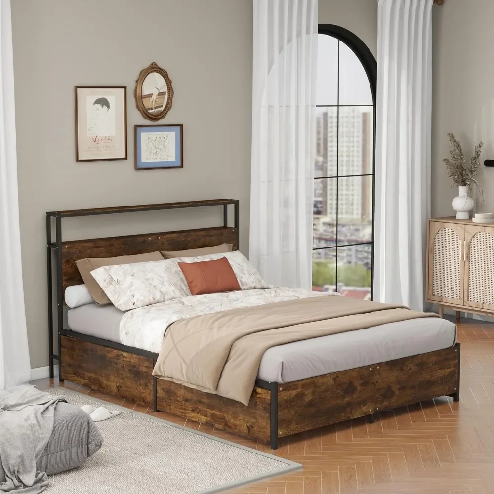 Queen Size Bed Frame,Industrial Metal Platform Bed Frame with 2 Tier Storage Wooden Headboard and Footboard,4 Storage Drawers 2