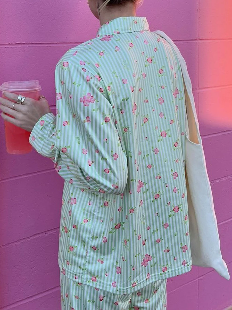 Women 2-Piece Pajama Set Long Sleeved Lapel Button Up Shirt Floral/Heart-Shaped Printed Long Pants Sleeved Casual Home Set