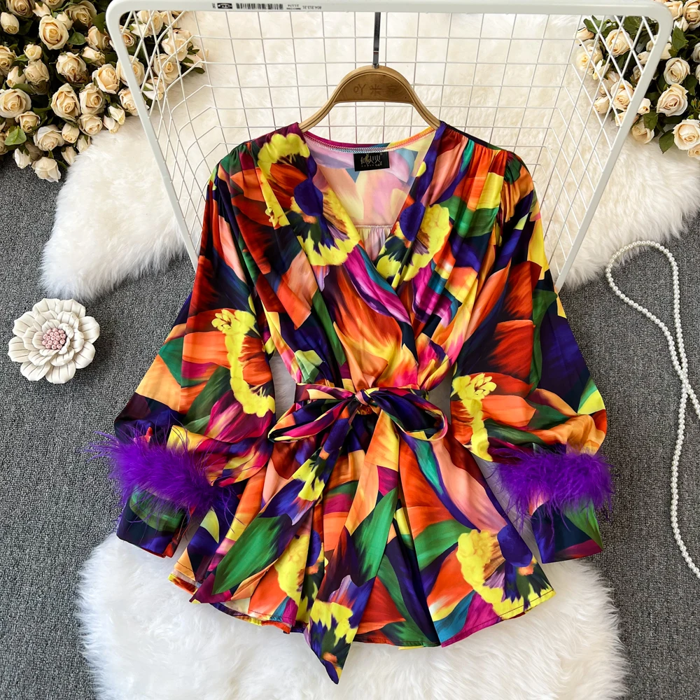 

European Station Fashionable Temperament V-neck Loose Waist Tie Ruffle Printed Lantern Sleeve Shirt Women's Western Style Top