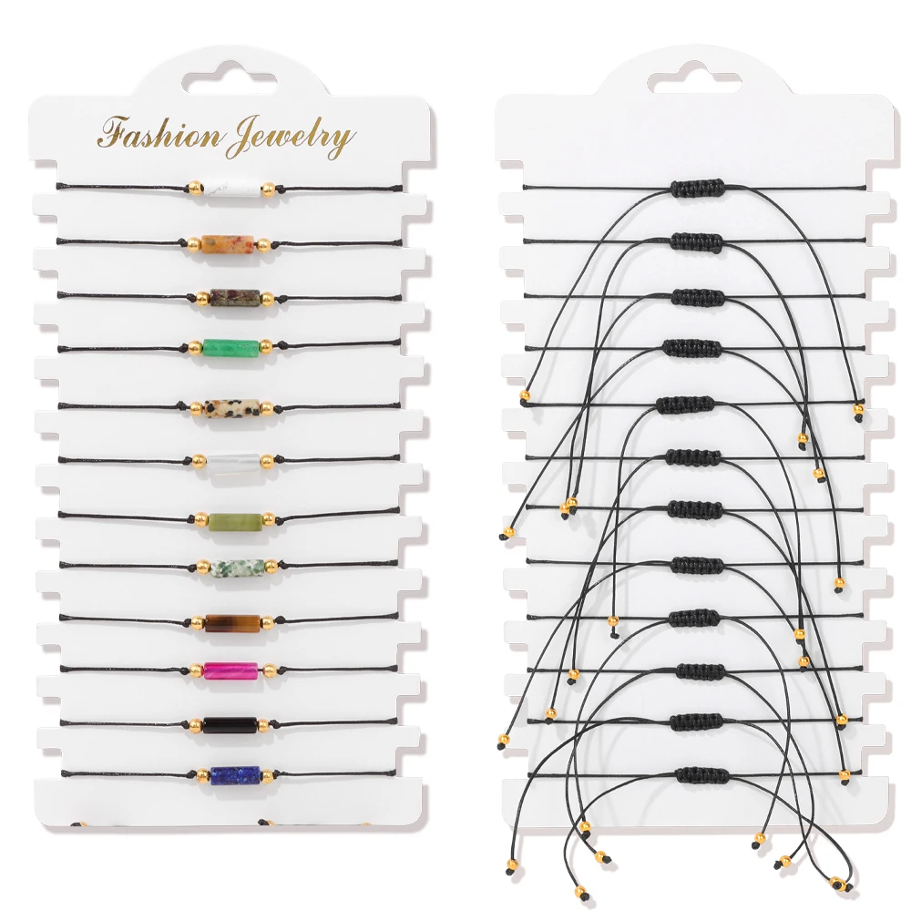 Colorful Natural Stone Adjustable Rope Bracelets - Handmade Bohemian Set with Cards (12 Pieces)