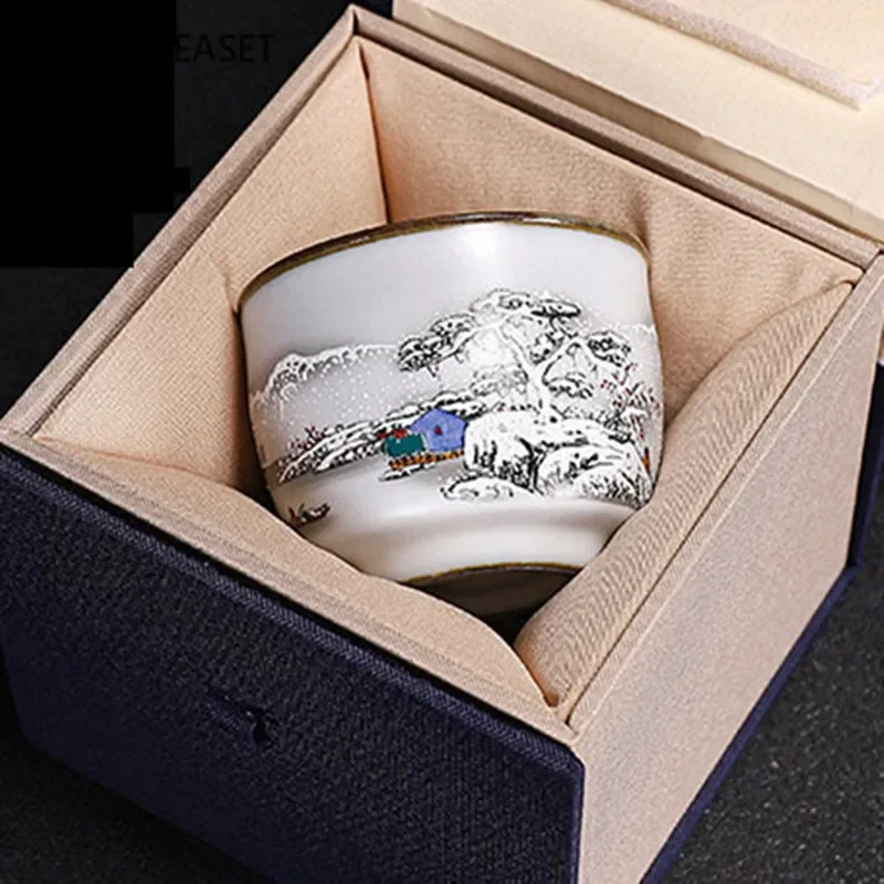 Tea Cup Chinese Ru Kiln Ceramics Teacup Exquisite Hand-painted Pattern Single Cup Tea Bowl Master Cups Individual Cup Handmade Teaware