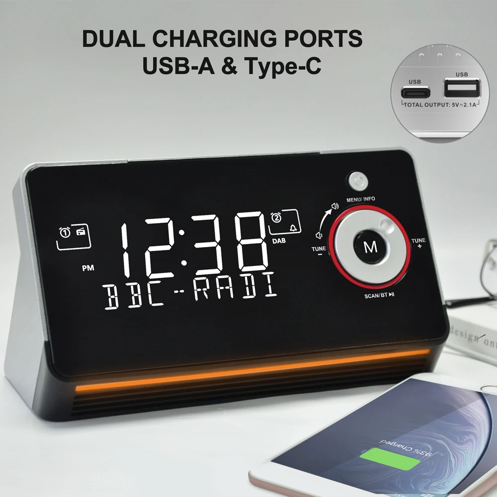 BedsideAlarmClockwithDABFMRadioDualAlarmsSnoozeDimmableLCD