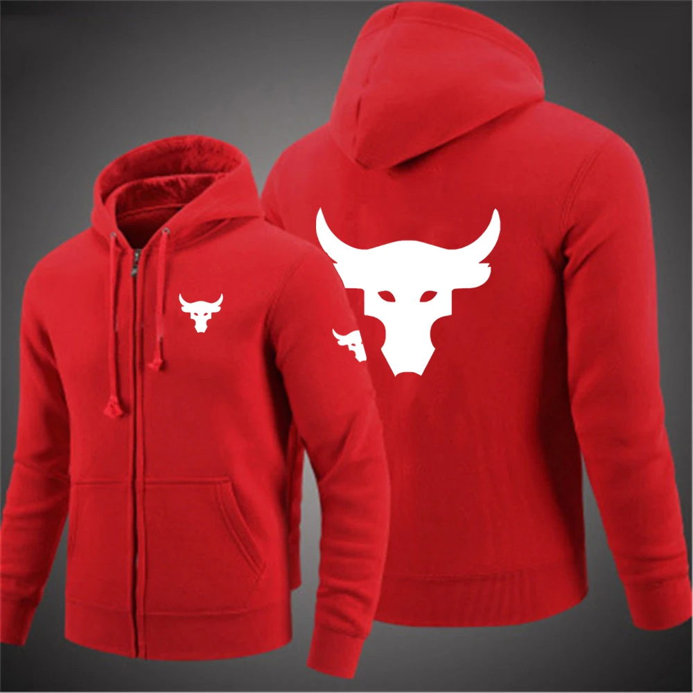 thumbnail image 1 of 2024 Spring Autumn Men's Dwayne Johnson Brahma Bull Tattoo Logo Printed Classic Zipper Solid Color Sports Casual Loose Hoodies, 1 of 5