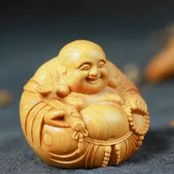 Woodcarving Miniature Desktop Ornaments Maitreya Buddha Wooden Laughing Buddha Craft Gift Chinese Style Handle Buddhist supplies