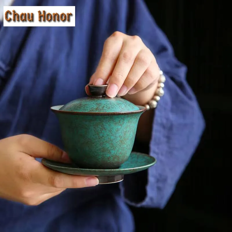 150ml Japanese Style Turquoise Glaze Ceramic Sancai Gaiwan Retro Kiln Change High-capacity Tea Cover Bowl Drinkware Customized