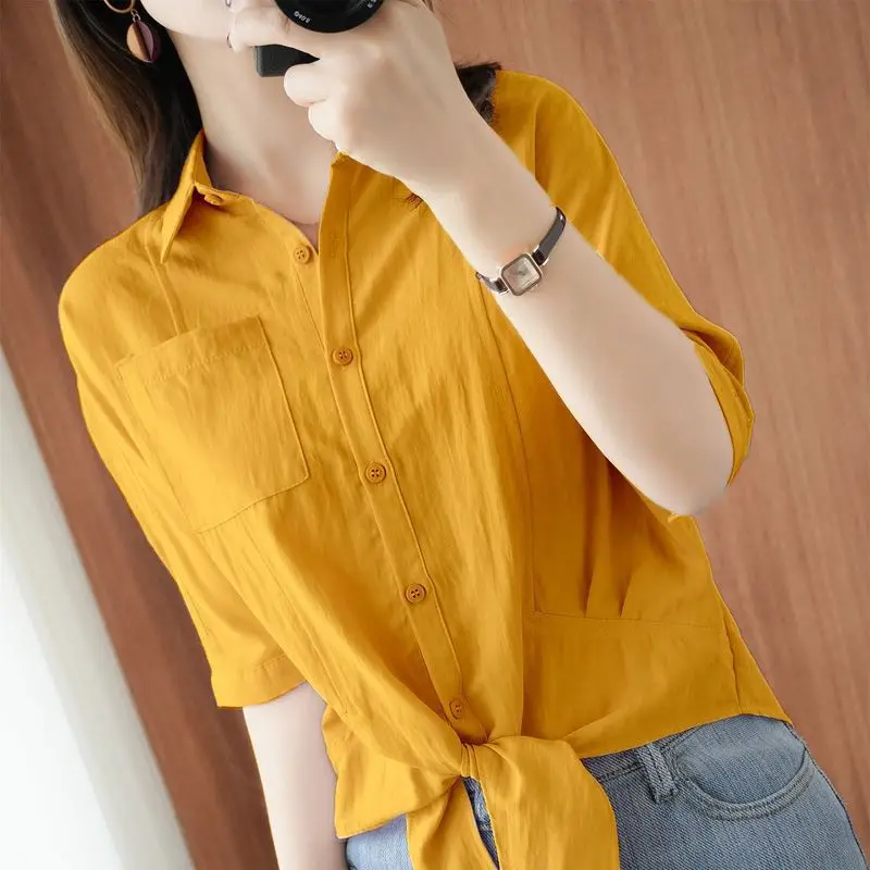 Office Lady Solid Color All-match Shirt Summer Pockets Patchwork Single-breasted Female Clothing Casual Stylish Bandage Blouse dignified office lady formal classic blazers skinny solid simplicity button women s clothing pockets 2022 coat tops all season