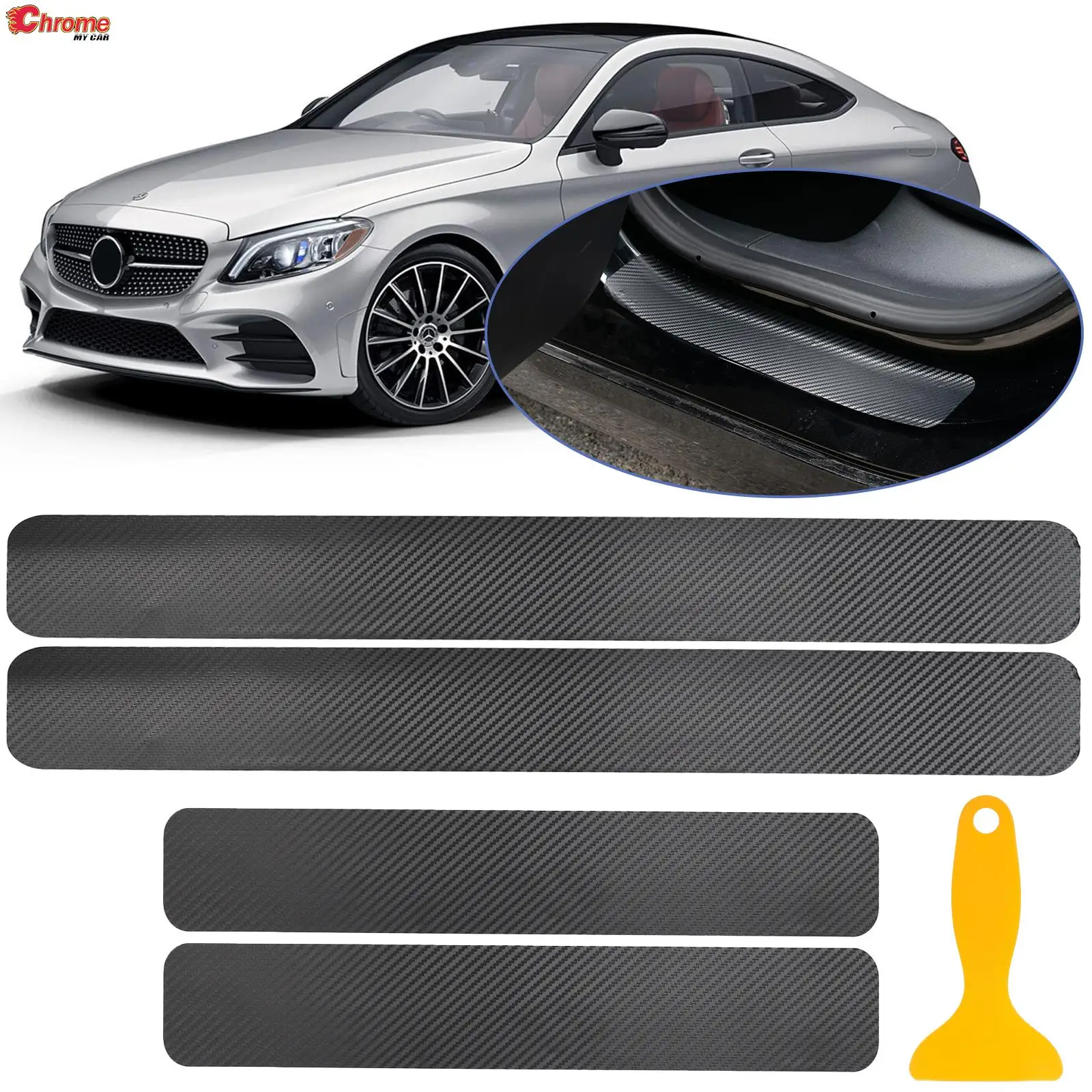 4Pcs 3D Universal Car Door Sill Carbon Fiber Sticker DIY Guard Strip Anti Kick Scratch Protection Pedal Film Pad Tape Waterproof