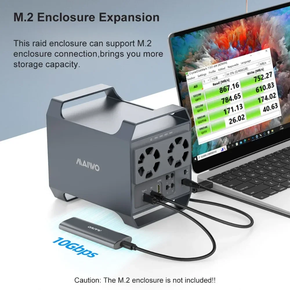 MAIWO 4베이 하드 드라이브 인클로저 USB-C 10Gbps 속도 알루미늄 3.5인치 HDD/SSD 외장 SATA 드라이브 박스 HDMI UASPe 포함
