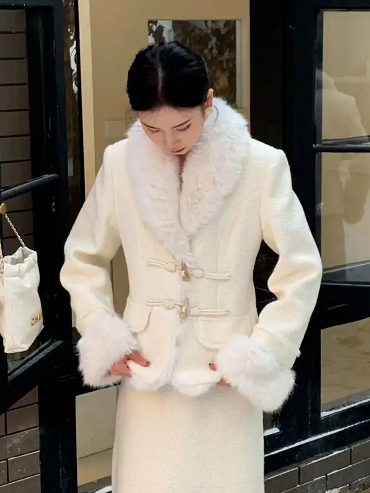 

Chic Two-Piece Set Winter Rich Girl Feel Elegant Lady Temperament Woolen Jacket High Waist Half Skirt Korean Drama Suit Hot Sale