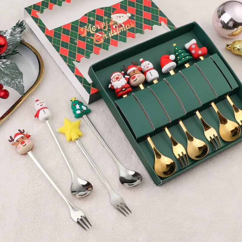 Stainless Steel Spoon cute Creative Christmas Tree Coffee Mixing Spoon dessert Fruit Fork figurine Spoon Fork Cutlery cutlery set stainless steel cutlery set gift Set