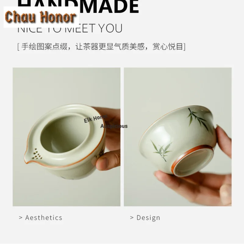 Hand-painted Ash Bamboo Green Travel Tea Set Kit Luxury 1 Pot 2 Cups Tea Brewing Organizer Portable Camping Stock Bags Ornaments