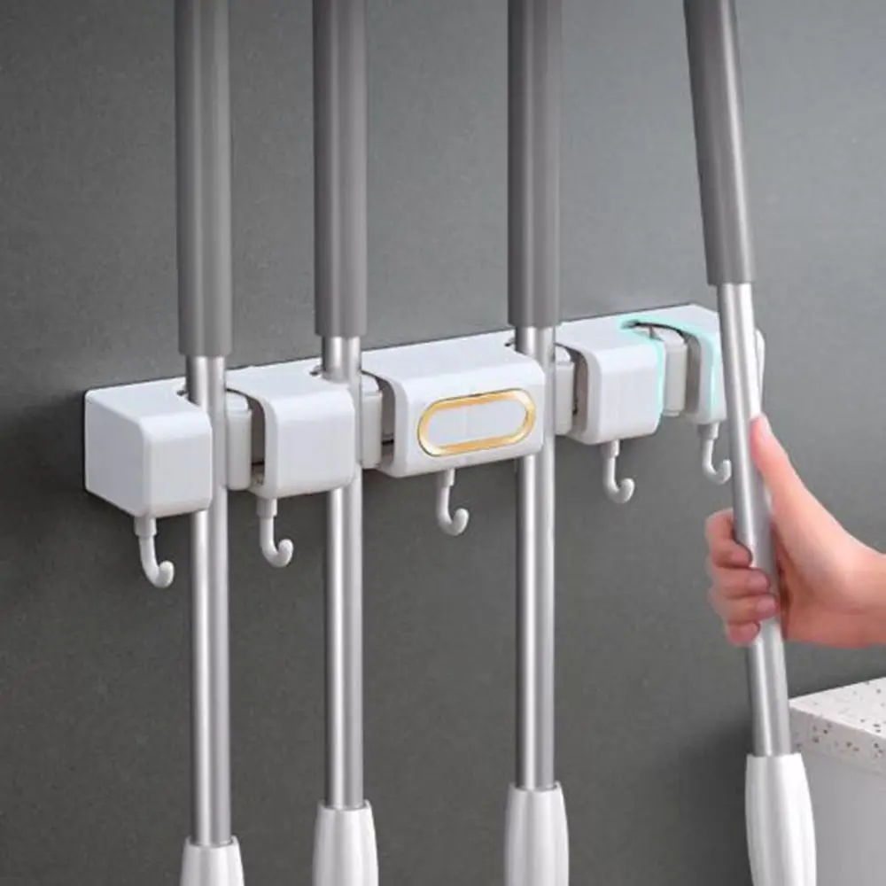 Plastic Wall-Mounted Mop Holder Self-Adhesive Waterproof Broom Mop Holder Space Saving Punch-Free Broom Storage Rack Bathroom