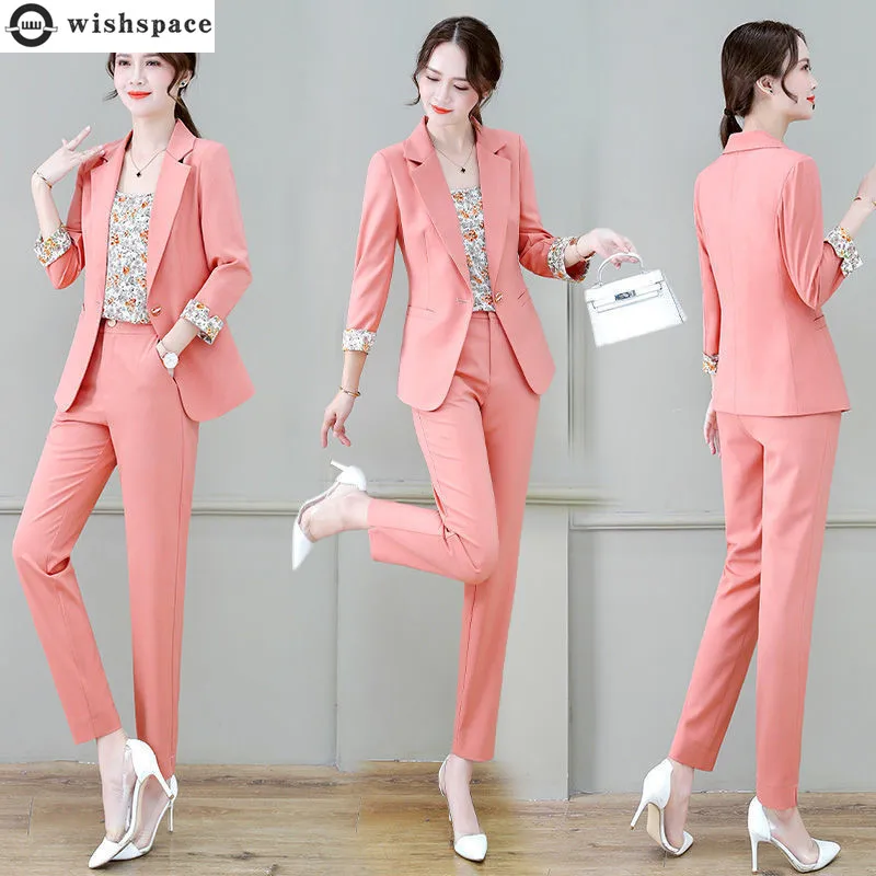 2022 Autumn New Vintage Print Flanging Jacket Blazer Suit Suspender Vest Casual Trousers Three Piece Elegant Women's Pants Set