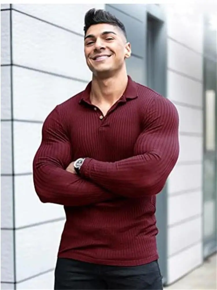 

Autumn Men's Striped Lapel Long Sleeve Polo Shirt Twist Button T-shirt Men's Business Casual Fashion Polo Shirt Top