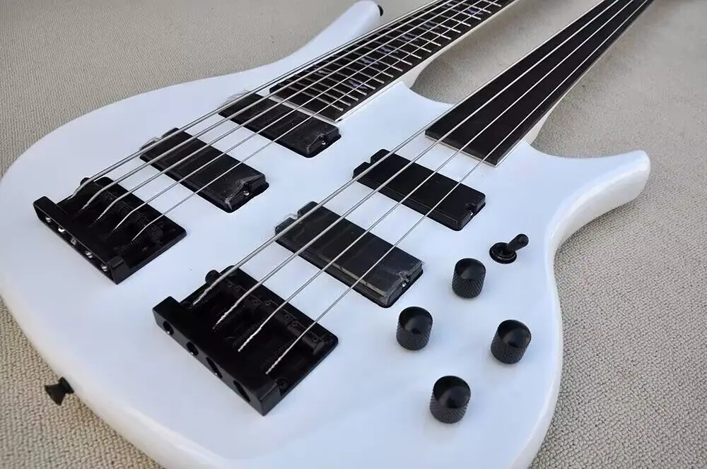 White Body 5+4 Strings Double Neck Electric bass Guitar ,Black hardware,Provide customized service