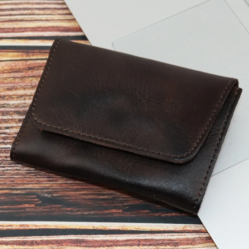 Vintage Genuine Cowhide Leather Compact Wallet - Handmade Unisex Card Holder & Coin Purse