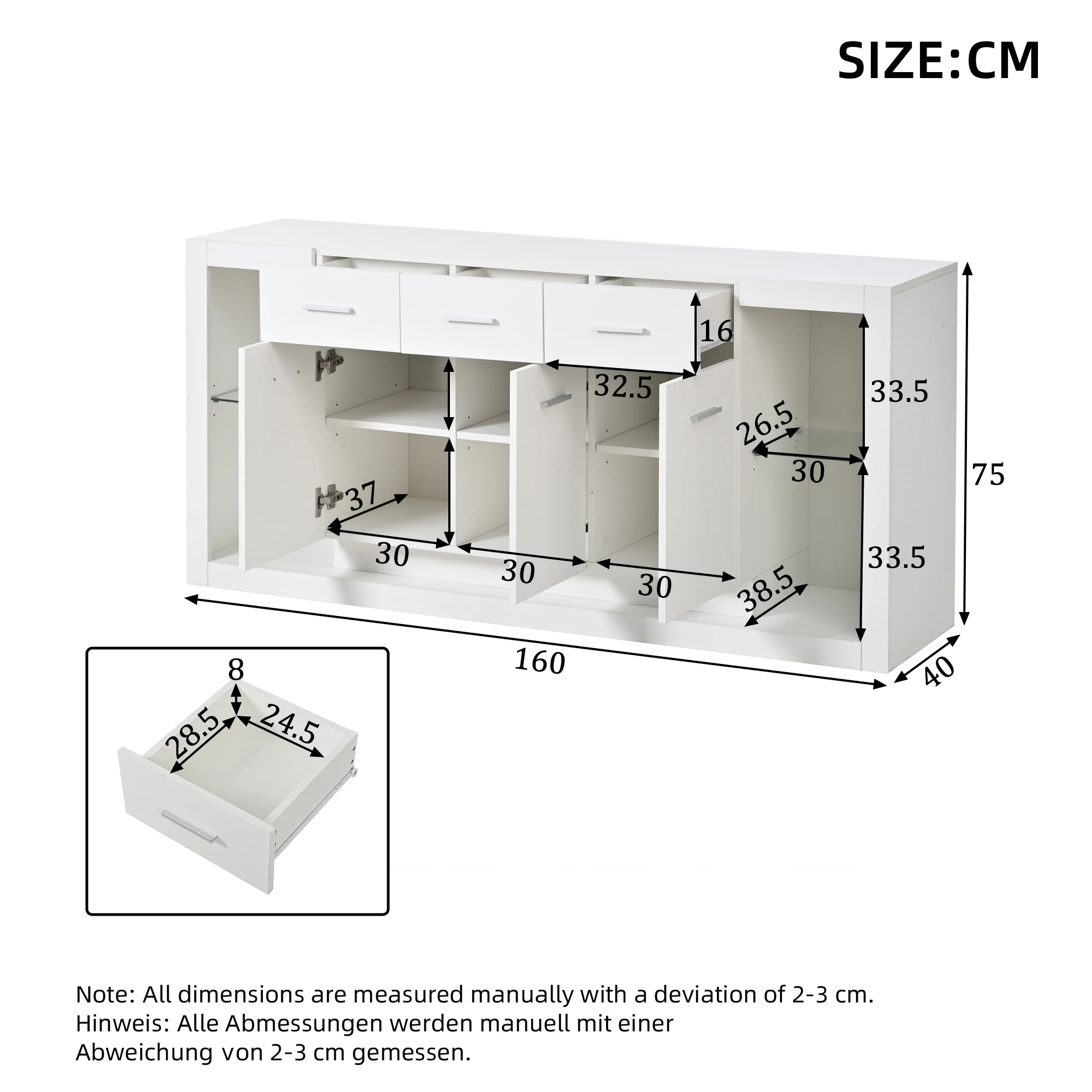 Weißer Hochglanz-Beistellschrank (160x40x75 cm) mit LED-Licht, 3 Schubladen & 14 Fächern – Detail 1