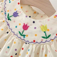 New Cute Girl'S Dress Sweet Rose Embroidered Small Round Dots Korean Version Loose Bubble Sleeve Cotton Beach Skirt 4
