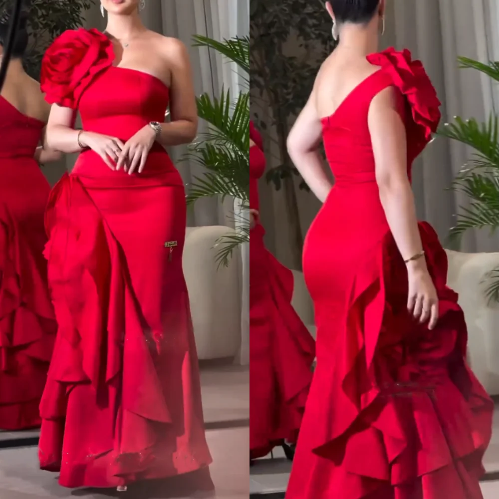 

Women High Quality Asymmetrical One-Shoulder Sheath Prom Dress Formal Ocassion Gown Flower Satin vestido de casamento 2023