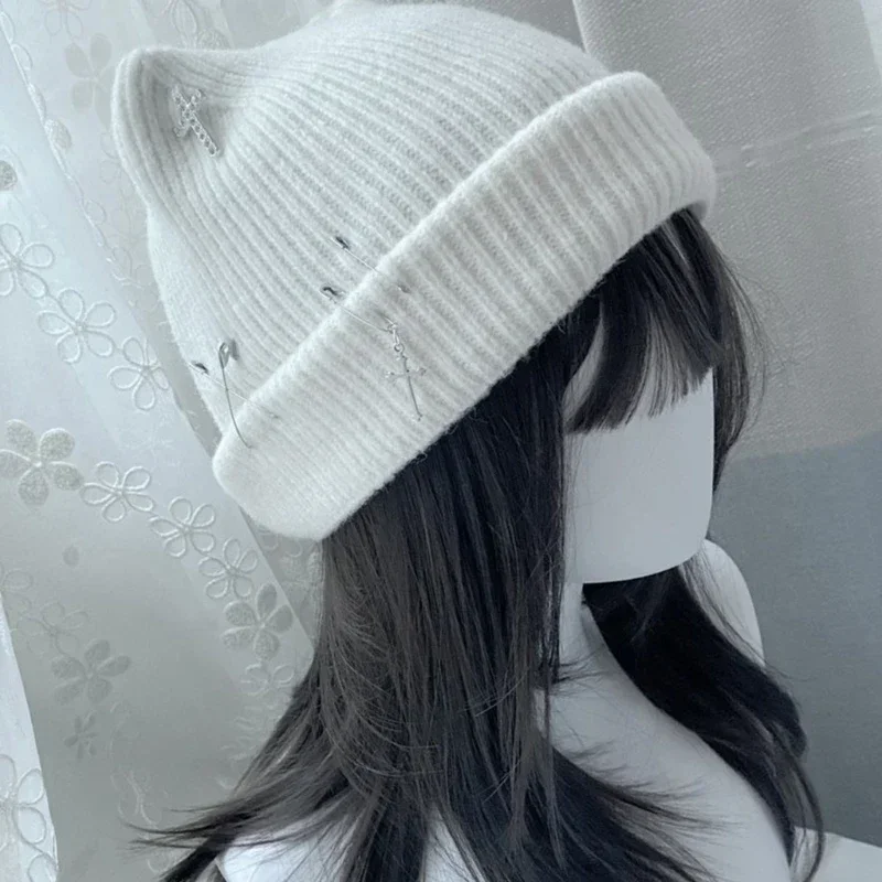 Gothic Knitted Beanie Hat for Women Y2K Cat Ear Hat Handmade Crochet Skull Hat Female Teens Subculture Headwear 5