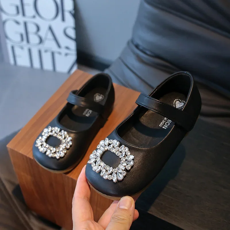 Children's Leather Shoes Shallow Rhinestone Party Shoes for Baby Girl Causal Fashion Versatile Kids Princess Wedding Flat