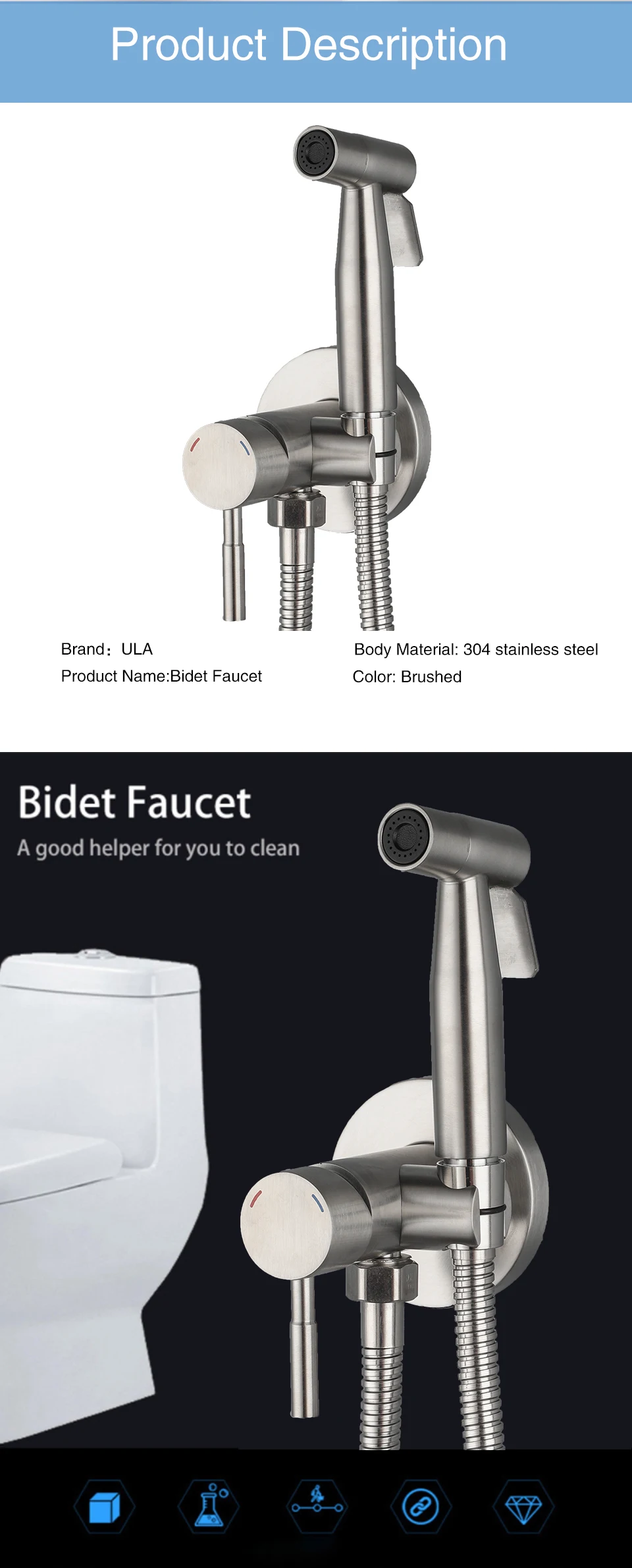 Description Picture 3 of itemULA Stainless Steel Bidet Faucet Brushed Portable Toilet Bidet Faucet Mixer Hot Cold Water Bathroom Valve Set Hygienic Shower