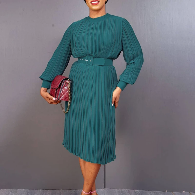 

Elegant Autumn Fashion Women Long Midi Dress Office Lady Solid Color Long Sleeve O Neck Slim Pleated Knee-Length Dress With Belt