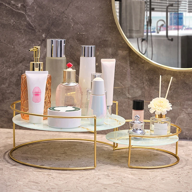Bathroom Organizer Holder with Metal Base Cosmetic Container Marble Pattern Tray Rack Home Party Decoration Candle Holder New 4