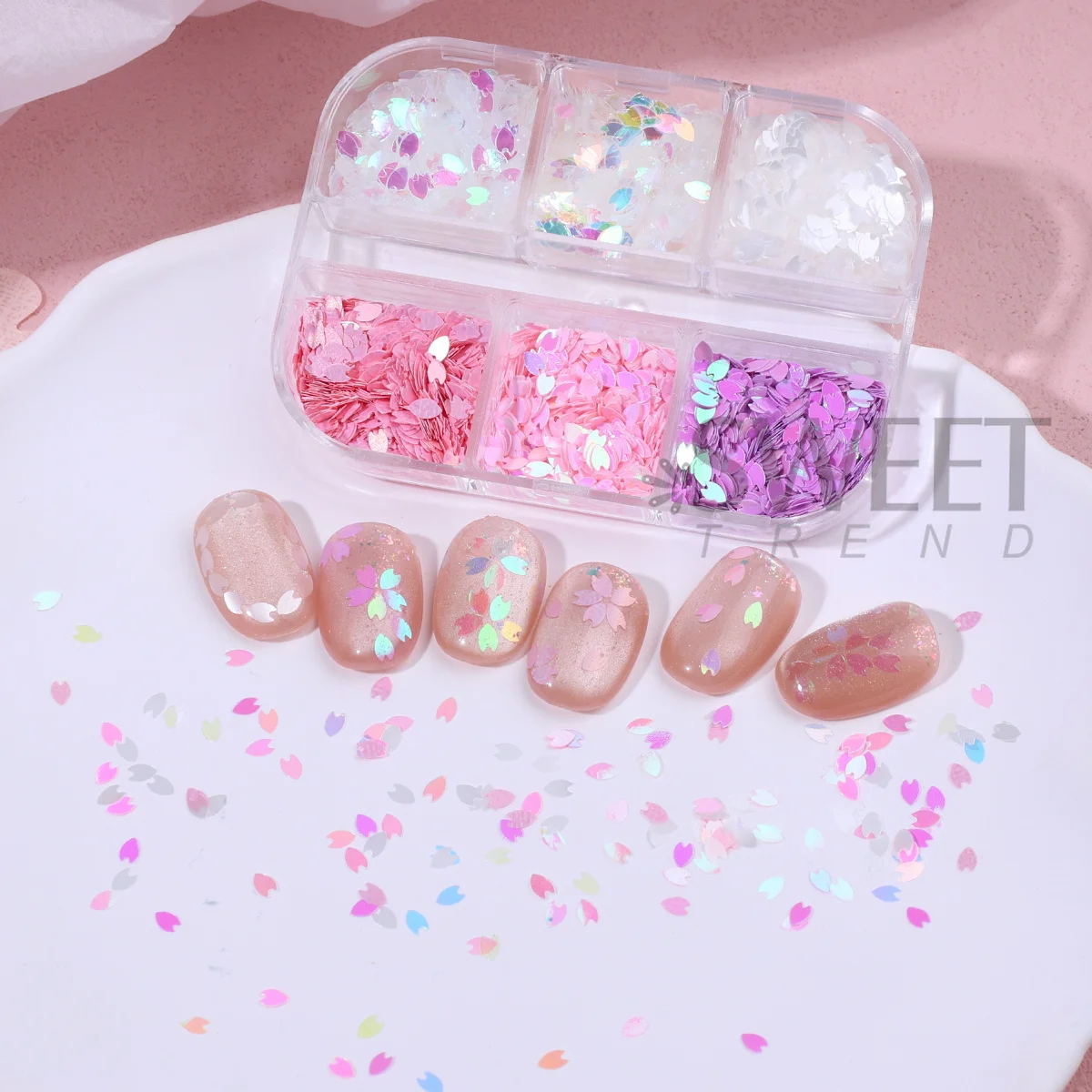 6 Grids Spring Romantic Cherry Blossom Nail Art Sequin Holographic Pink Sakura Petal Shape Sparkly Slices Mermaid Manicure Decor