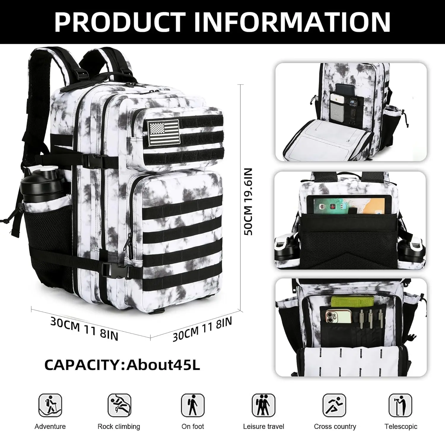 45L Tactical Backpack 3P Bag with Water Bottle Pocket Outdoor Hiking Pack Waterproof Climbing Rucksack Camping Trekking Mochila 2