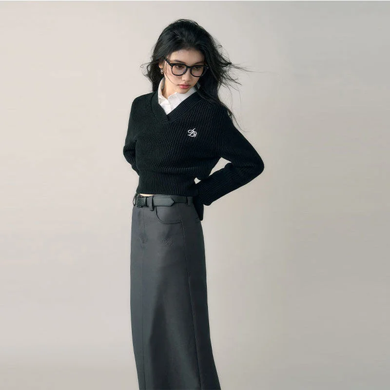Deeptown Harajuku Basic maglione corto nero donna vintage stile coreano slim grigio manica lunga maglione lavorato a maglia moda preppy femminile_voghion.com