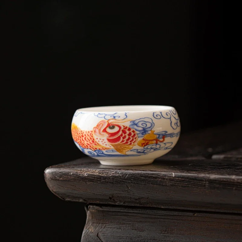 1pcs Chinese Style Fish Tea Cup White Ceramic Kung Fu Teacup Tea Set Household Small Cup Ceramic Teaware Gift New